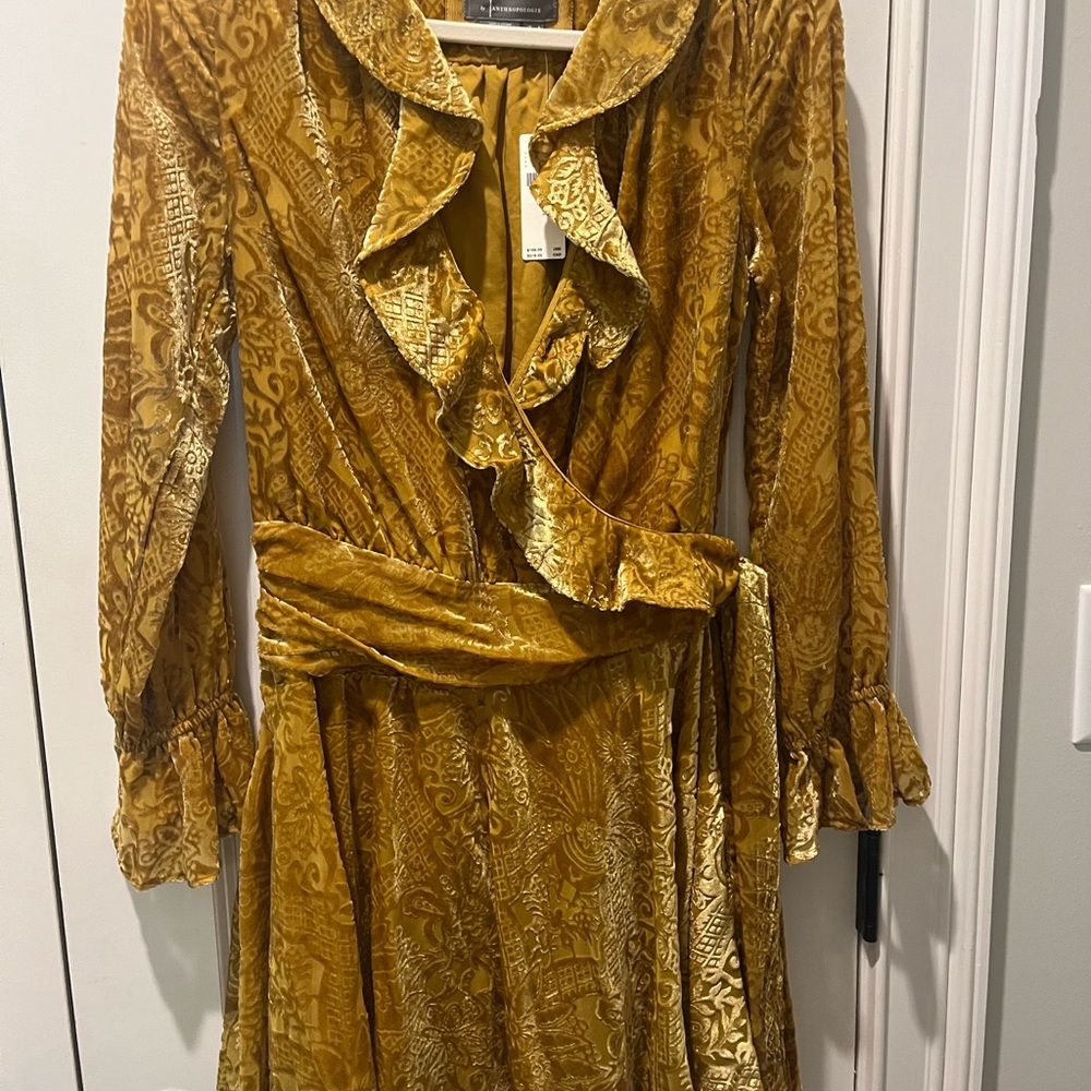 Anthropologie Luxurious Gold Velvet Wrap Dress